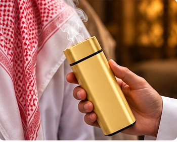 شخص يمسك المبخرة الذهبية بجانب الشماغ